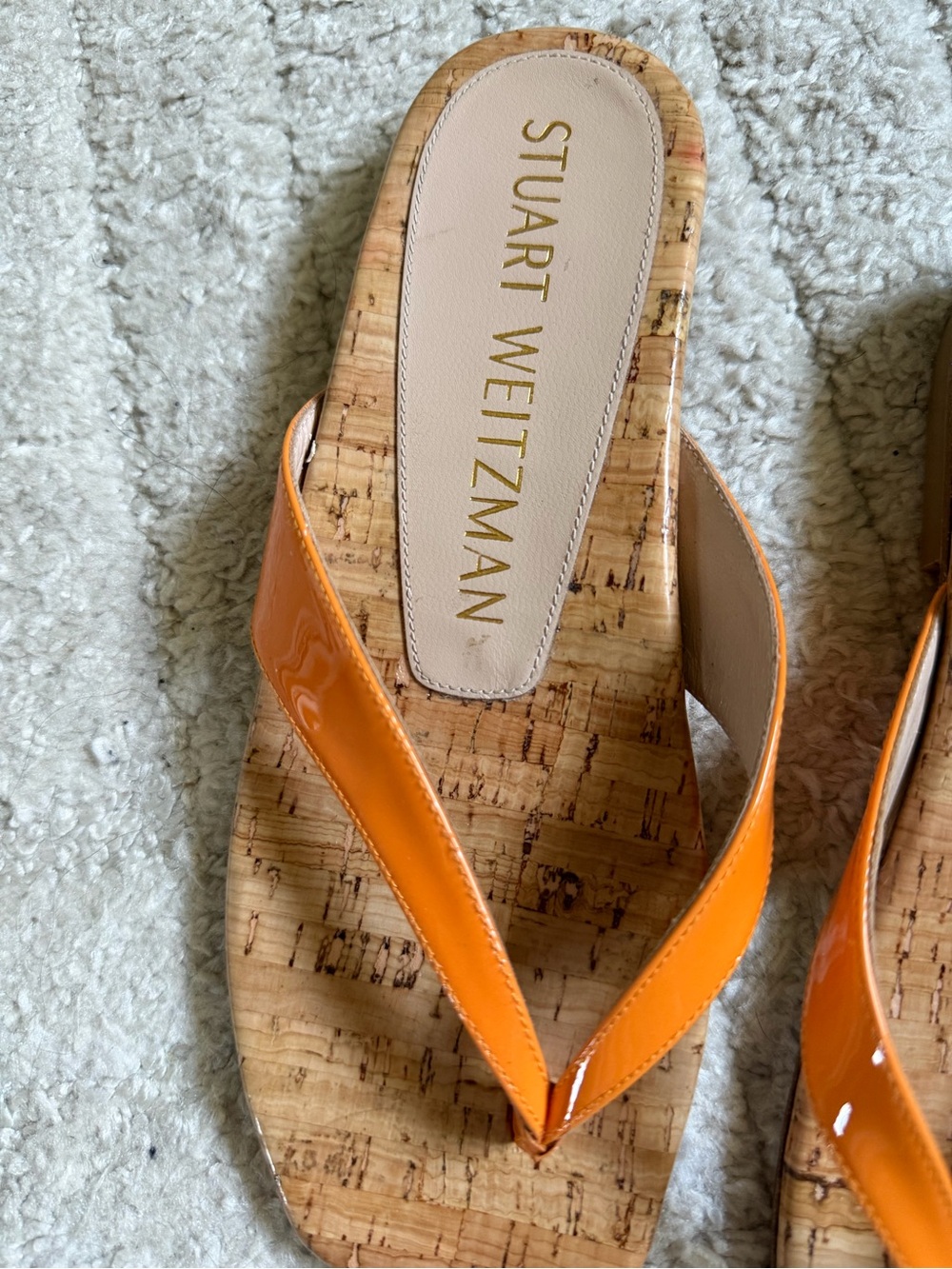 Stuart Weitzman Orange Patent Cork Flip Flops - Picture 3 of 8